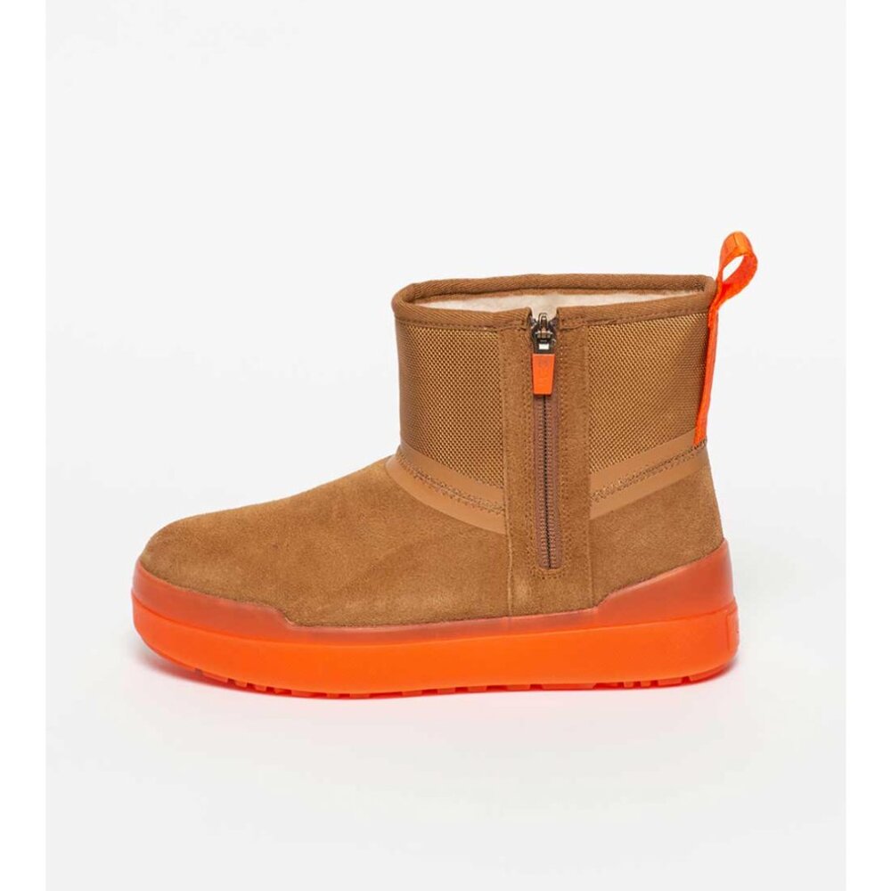 Ugg Classic Tech Mini Waterproof suede boot Chestnut w Orange sole and accents!